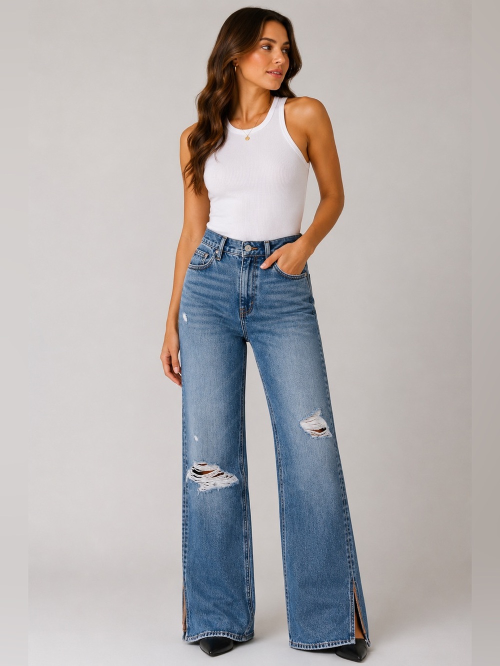 Good American The Khloé Distressed Wide Leg Jeans – Size 8/29 – NWT